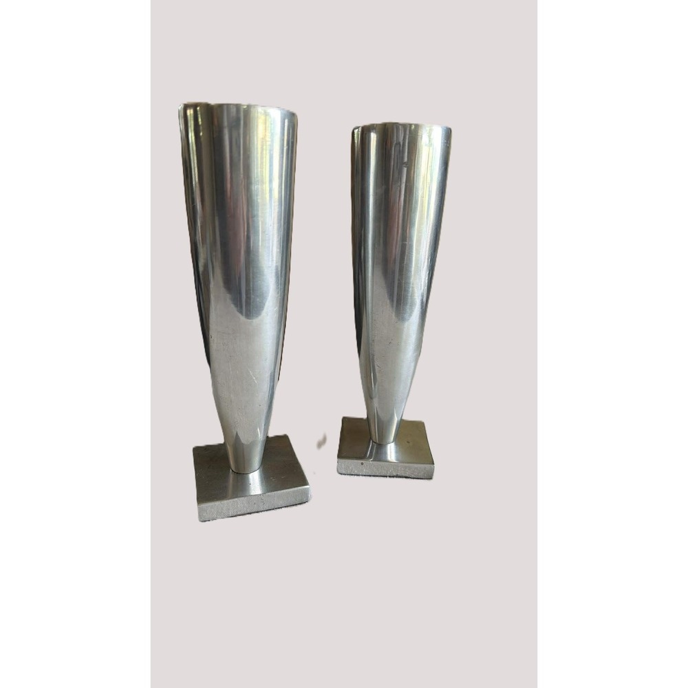 Vintage Modernist Cast Aluminum Taper Candlesticks Pair MCM Scandinavian Style
